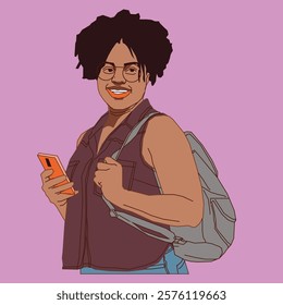 A confident plus-size lady holds a stylish bag and a cell phone in one hand. She smiles warmly and exudes charm and positivity in a casual and vibrant setting.