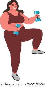 Uma mulher confiante de mais-tamanho realiza exercícios de treinamento de força em casa, promovendo a positividade corporal e a capacidade inclusiva.