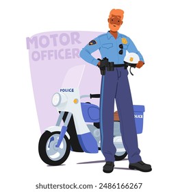 Confident Police Officer Stands Next To Police Motorcycle, Holding A Helmet. Character Showcases Law Enforcement, Authority, And Safety. Vector Concept of Police Work, Motor Officers And Public Safety