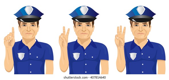 confident policeman counting numbers from one to three with his fingers 