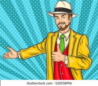 Confident pop art hipster man invites you to the presentation
