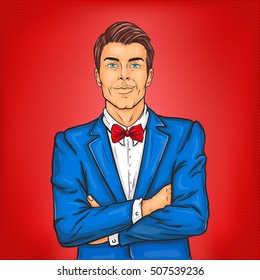 Confident pop art man in a suit and bow tie