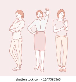 Confident poses of business woman. hand drawn style vector design illustrations.