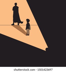 Confident power. boy standing in front wall with shadow successful super hero, isolated on background. Career strength. Shadow of strong man. Vector illustration flat design.