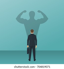 Confident power. Businessman in suit standing in front wall with shadow successful business leadership, isolated on background. Career strength. Shadow of strong man. Vector illustration flat design.