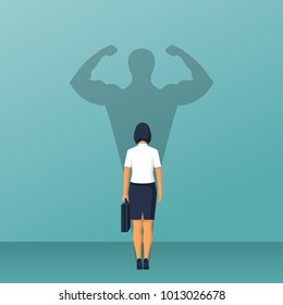 Confident power. Businesswoman in suit standing in front wall with shadow successful business leadership, isolated on background. Career strength. Shadow of strong female. Vector flat design.