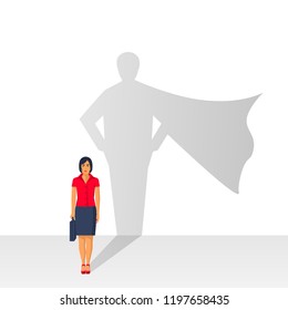 Confident power. Superhero shadow. Successful businesswoman in suit. Business leadership, isolated on background. Vector illustration flat design.