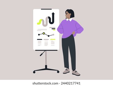 Confident Presenter Showcasing Data Trends at a Strategy Meeting, A professional stands by a flipchart, confidently displaying graphs and analysis