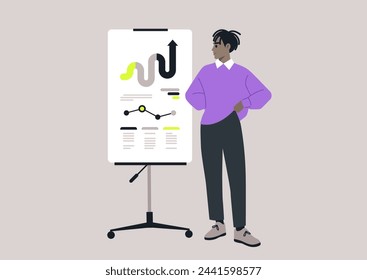 Confident Presenter Showcasing Data Trends at a Strategy Meeting, A professional stands by a flipchart, confidently displaying graphs and analysis