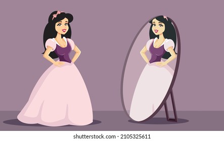 
Confident Princess Looking in the Mirror Vector Illustration. Smiling beautiful young girl reflecting in magical mirror
