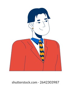 Confiante profissional asiático homem vestindo terno listrado gravata 2D personagem de desenho animado. Trabalhador de escritório masculino coreano com cabelo curto e brinco liso vetor pessoa isolada em branco. Ilustração especial colorida