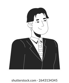 Confiante profissional asiático homem vestindo terno listrado gravata 2D personagem linha. Trabalhador de escritório masculino coreano com cabelo curto e brinco isolado vetor tinta contorno pessoa. Ilustração de ponto monocromático