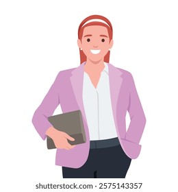 Confident Professional businesswoman dressed in a purple blazer and holding a tablet. Flat vector illustration isolated on white background