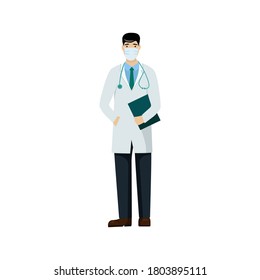 Confident professional doctor man in a face mask. European medical worker. Healthcare provider. Vector illustration in a flat style isolated on a white background.