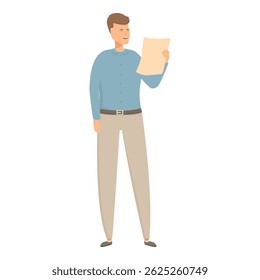 Confident professional man in stylish attire smiling while holding and reviewing business documents in a modern office setting  flat vector illustration