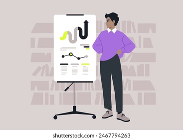 A confident professional stands next to a flip chart showcasing business growth metrics while in a modern library, indicating a successful presentation or meeting in progress
