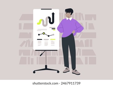 A confident professional stands next to a flip chart showcasing business growth metrics while in a modern library, indicating a successful presentation or meeting in progress