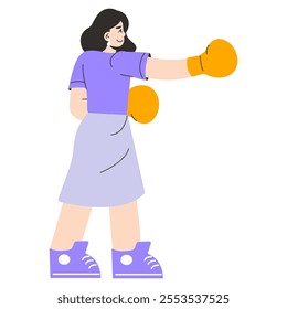 Confident professional woman concept. Businesswoman with boxing gloves ready to tackle corporate challenges. Empowerment and determination in the workplace. Vector illustration.