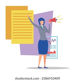Confident professional woman standing with megaphone, presenting information. Bright charts and documents in background, highlighting business environment