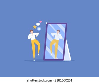 confident or proud of yourself. Self acceptance, self love, and self respect. practice self confidence. a confident man dances and poses in front of a mirror. illustration concept design. poster