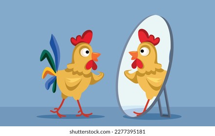 
Confidente Rooster mirando en la ilustración de la caricatura del vector espejo. Pollo masculino divertidísimo y arrogante que se siente autoimportante
