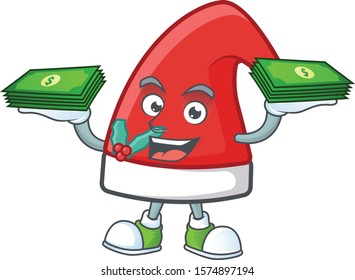 Confident santa claus hat character with money on hand