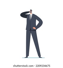 Confident Security Male Character, Wear Black Suit, Sunglasses And Ear Microphone. Professional Safeguard Man In Balck Costume Isolated On White Background. Cartoon People Vector Illustration