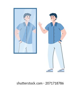 Confident self-assured young man cartoon character in front of mirror, flat vector illustration isolated on white background. Positive man appreciating his look.