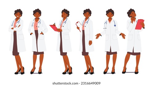 Personaje Médico Femenino Confiado Y Calificado En Diversas Poses Y Expresiones De Cara, Mostrando Profesionalismo, Compasión Y Experiencia En El Campo Médico. Ilustración de vectores de personas de caricatura