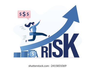 Zuversichtliche intelligente weibliche Anleger laufen auf einer wachsenden Aktienmarkt-Grafik über dem Wort Risiko. Hochrisikoreiche Kapitalanlagen an den Aktienmärkten. Abrechnung riskanter Anlagegüter, die die Wachstumsrendite belohnen. Vektorgrafik