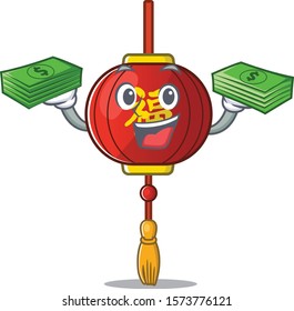 Confident smiley asian lantern character with money bag