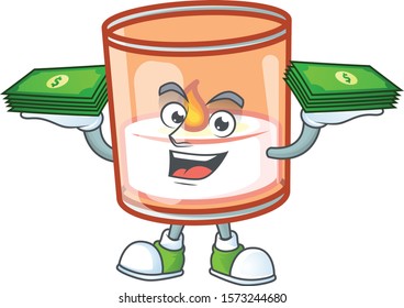 Confident smiley candle in glass character with money on hand