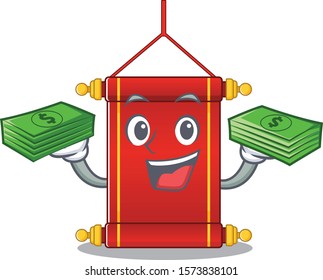 Confident smiley chinese scrolls character with money bag