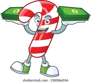 Confident smiley christmas candy cane character with money on hand