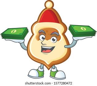 Confident smiley christmas hat cookies character with money on hand