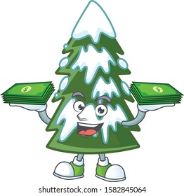Confident smiley christmas tree snow character with money on hand