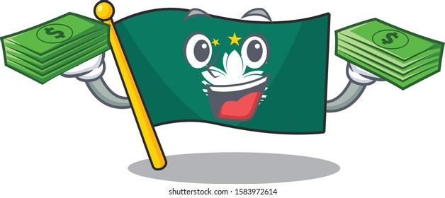 Confident smiley flag macau character with money bag