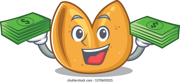 Confident smiley fortune cookie character with money bag