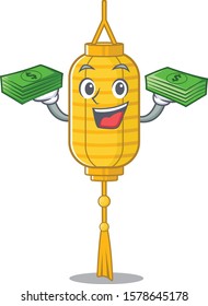Confident smiley lamp hanging character with money bag