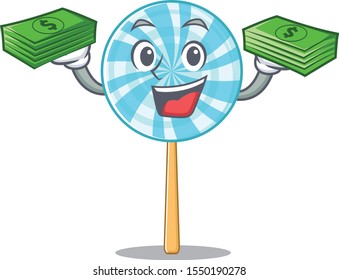 Confident smiley lollipop character with money bag