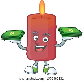 Confident smiley red candle character with money on hand