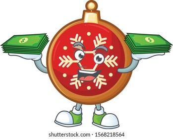 Confident smiley red christmas ball character with money bag.