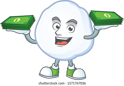 Confident smiley snowball character with money on hand