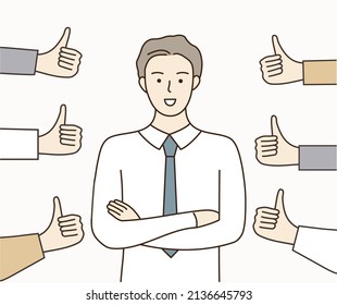 Confident smiling businessman crossing arms with different thumbs up hands. Success, leadership, public approval, positive feedback, approve. Hand Drawn cartoon design vector illustrations