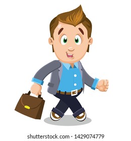 Confident smiling businessman in grey jacket going to office, work. Joyful employee with briefcase walking after successful negotiation, job interview. Cartoon vector clipart isolated on white.