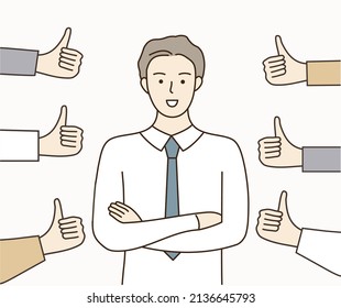 Confident smiling businessman surrounded by different thumbsup hands. Success, leadership, public approval, positive feedback, recognition, approve. Hand Drawn cartoon design vector illustrations.