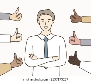 Confident smiling businessman surrounded by thumbsup hands from various Skin Colors, Ethnicities. Success, public approval, positive feedback, recognition. Hand Drawn cartoon vector illustrations.