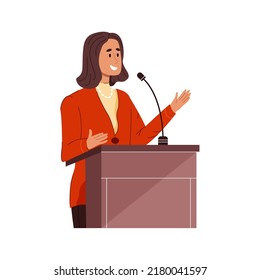 Confident smiling businesswoman speaks into microphone standing behind podium.  Female leader giving a speech. Flat vector illustration isolated on white background