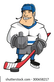 Confident Smiling Cartoon Ice Hockey Player Character In Uniform With Hockey Stick And Puck, Showing Thumb Up Gesture