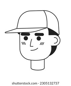 Confident smiling coach man wearing baseball cap monochrome flat linear character head. Courier. Editable outline hand drawn human face icon. 2D cartoon spot vector avatar illustration for animation